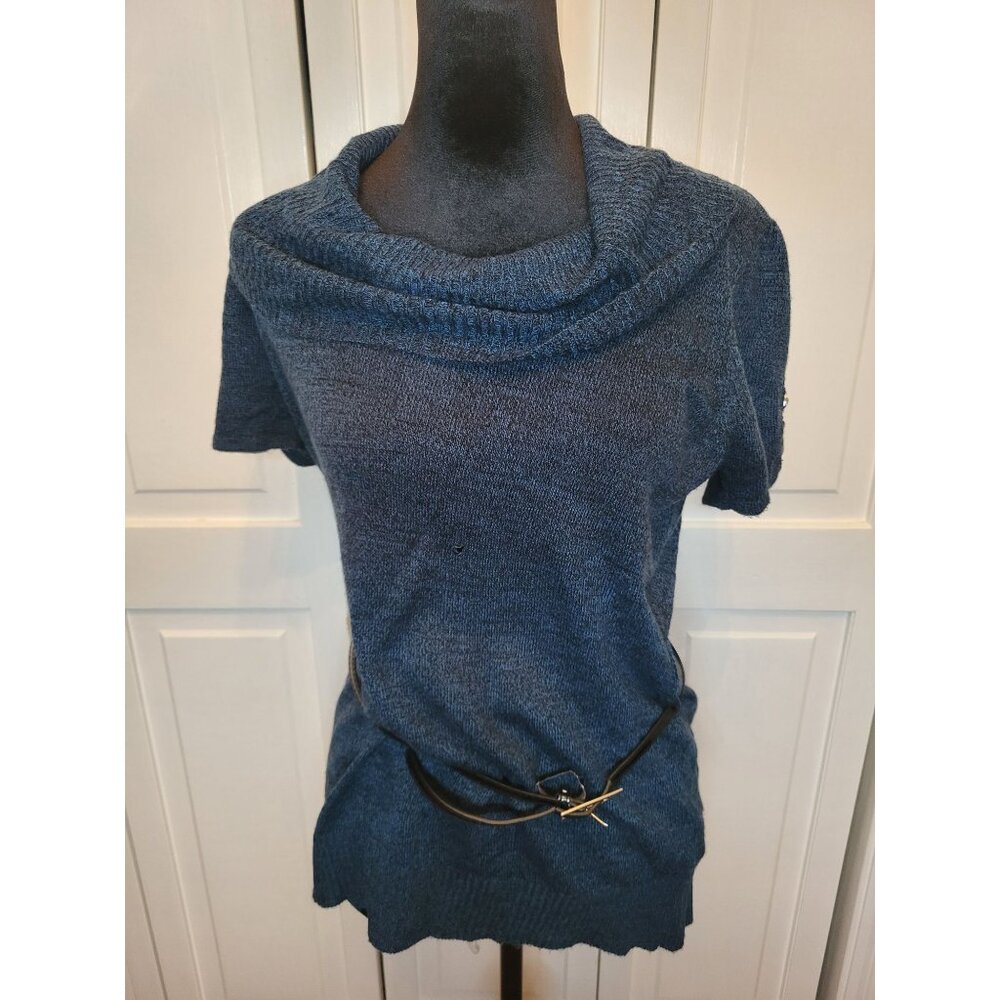 Early 2000s AGB Studio Teal Cowl Neck Sweater Belt PL Retro Y2K Office Siren